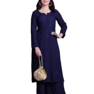 Khaka Women’s Rayon Mukaish Work Chikankari Straight Kurta & Palazzo Set | SV25090166