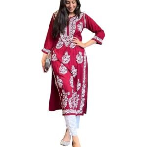 Giriwariya Women's Rayon Chikankari Kurta with Pant Set, With White Pant | SV25090162