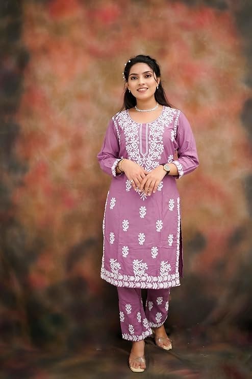 VASTRA RANG Women’s Cotton Blend Lucknowi Embroidered Chikankari Straight Kurta with Pant Set | SV25090150 - Image 2