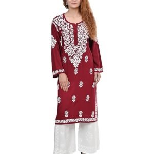 MS CHIKAN ARTS Women’s Rayon Full Sleeve Lucknowi Chikankari Hand Work Round Neck Kurti | SV25090148