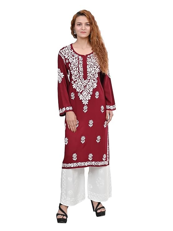 MS CHIKAN ARTS Women’s Rayon Full Sleeve Lucknowi Chikankari Hand Work Round Neck Kurti | SV25090148