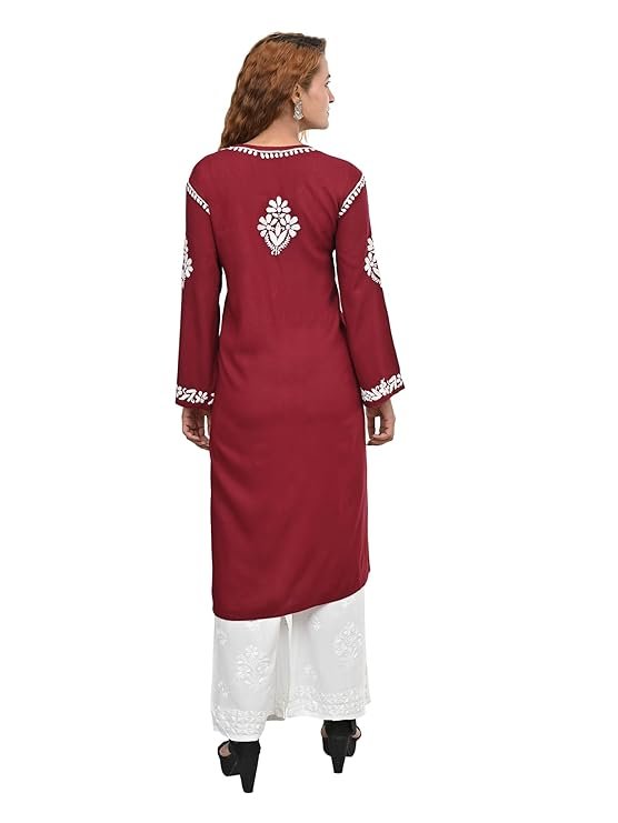 MS CHIKAN ARTS Women’s Rayon Full Sleeve Lucknowi Chikankari Hand Work Round Neck Kurti | SV25090148 - Image 2