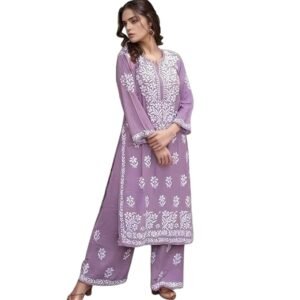 BHARVITA Women’s Cotton Blend Lucknowi Embroidered Chikankari Straight Kurta with Pant Set | SV25090167