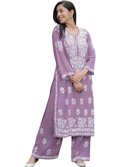 VASTRA RANG Women’s Cotton Blend Lucknowi Embroidered Chikankari Straight Kurta with Pant Set | SV25090150