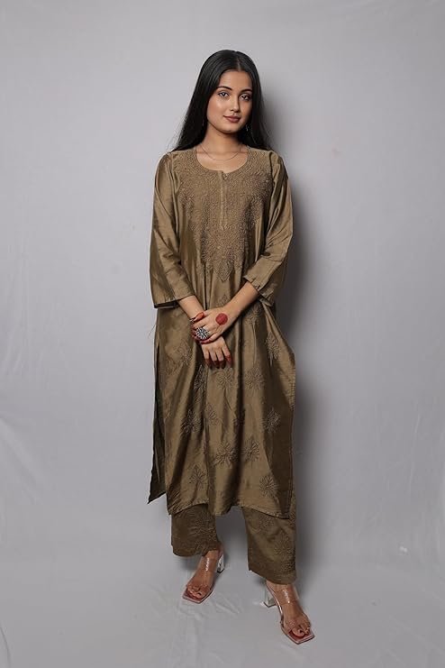 INDIAN HANDICRAFT STANDARDS Women’s Lucknowi Indiancraft Chikankari Chanderi Palazzo Set | SV25090160 - Image 7