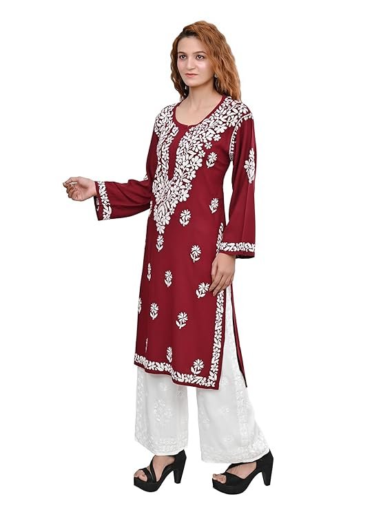 MS CHIKAN ARTS Women’s Rayon Full Sleeve Lucknowi Chikankari Hand Work Round Neck Kurti | SV25090148 - Image 3
