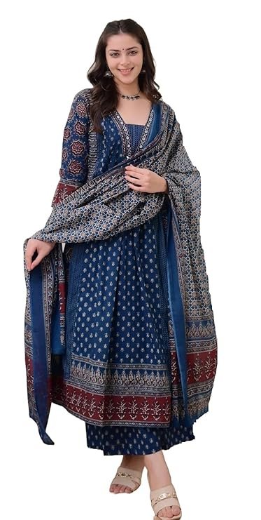 KLOSIA Women’s Printed Anarkali Kurta and Pant Set with Dupatta | SV25090156