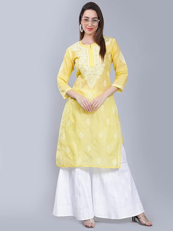 Seva Chikan Women’s Hand Embroidered Lucknowi Chikankari Cotton Kurta Kurti | SV25090151 - Image 3