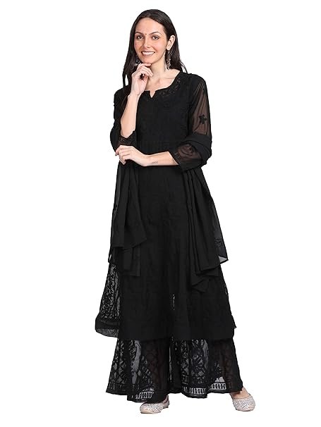 Fashion Chikan Art Women’s Faux Georgette Chikankari Flared Anarkali with Dupatta & Inner | SV25090165