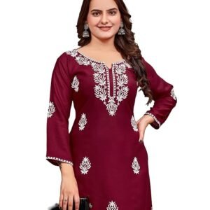 Dharm House Women’s Rayon Chikankari Embroidered Short Kurti | SV25090152