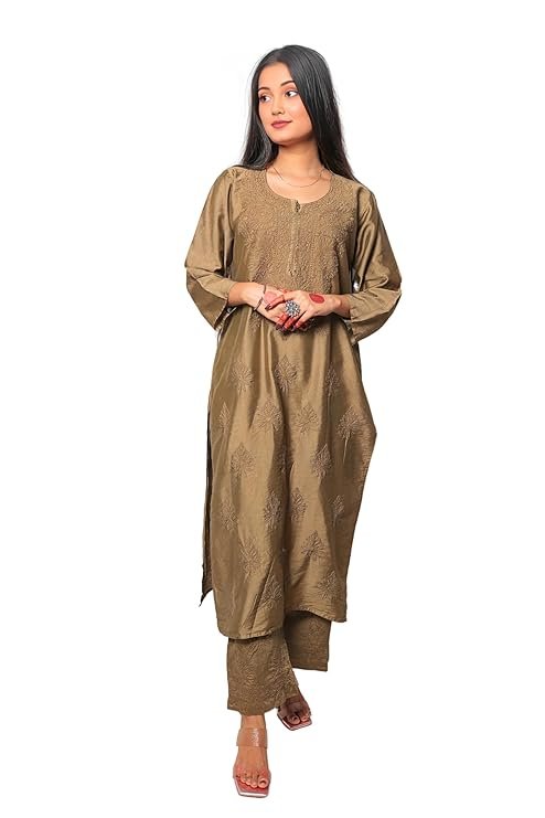 INDIAN HANDICRAFT STANDARDS Women’s Lucknowi Indiancraft Chikankari Chanderi Palazzo Set | SV25090160