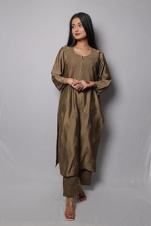 INDIAN HANDICRAFT STANDARDS Women’s Lucknowi Indiancraft Chikankari Chanderi Palazzo Set | SV25090160 - Image 4