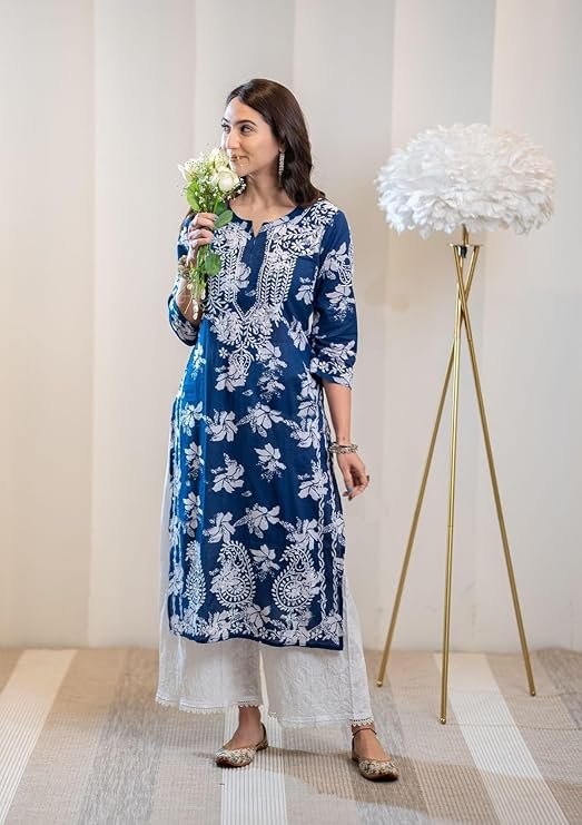 GoSriKi Women’s Rayon Blend Chikankari Embroidered Straight Kurta | SV25090161 - Image 3