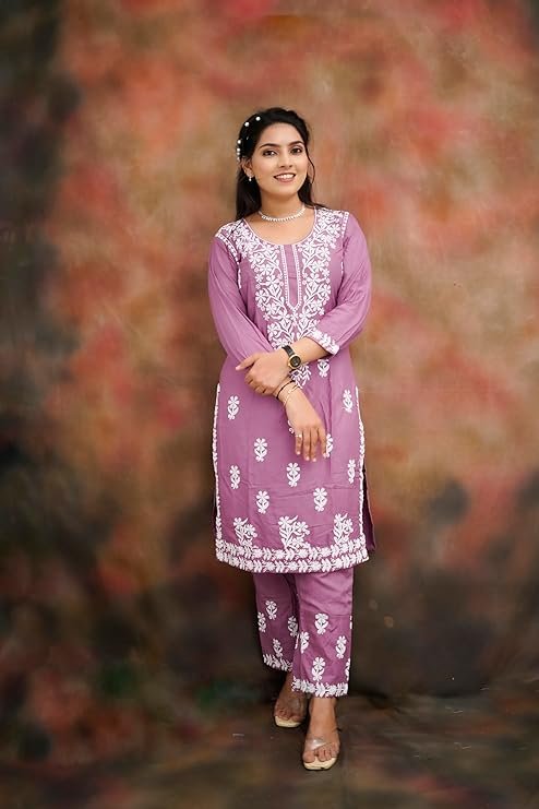 VASTRA RANG Women’s Cotton Blend Lucknowi Embroidered Chikankari Straight Kurta with Pant Set | SV25090150 - Image 4
