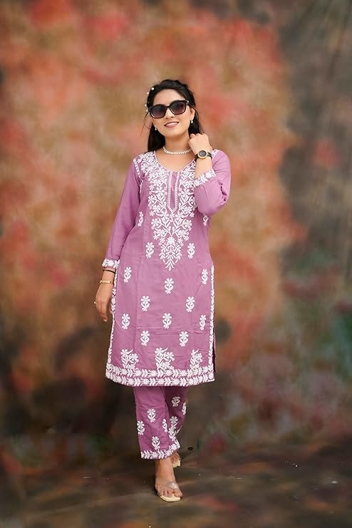 VASTRA RANG Women’s Cotton Blend Lucknowi Embroidered Chikankari Straight Kurta with Pant Set | SV25090150 - Image 5