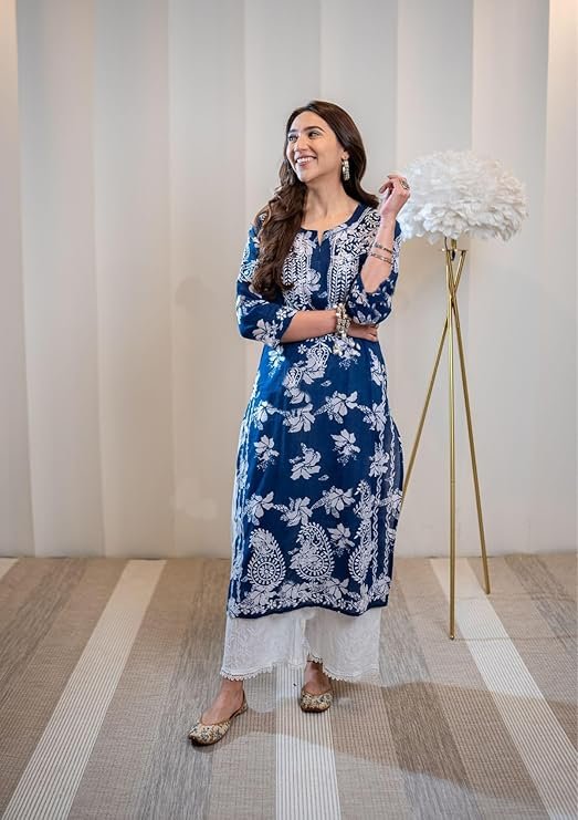GoSriKi Women’s Rayon Blend Chikankari Embroidered Straight Kurta | SV25090161 - Image 5