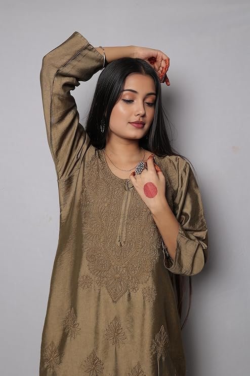 INDIAN HANDICRAFT STANDARDS Women’s Lucknowi Indiancraft Chikankari Chanderi Palazzo Set | SV25090160 - Image 5