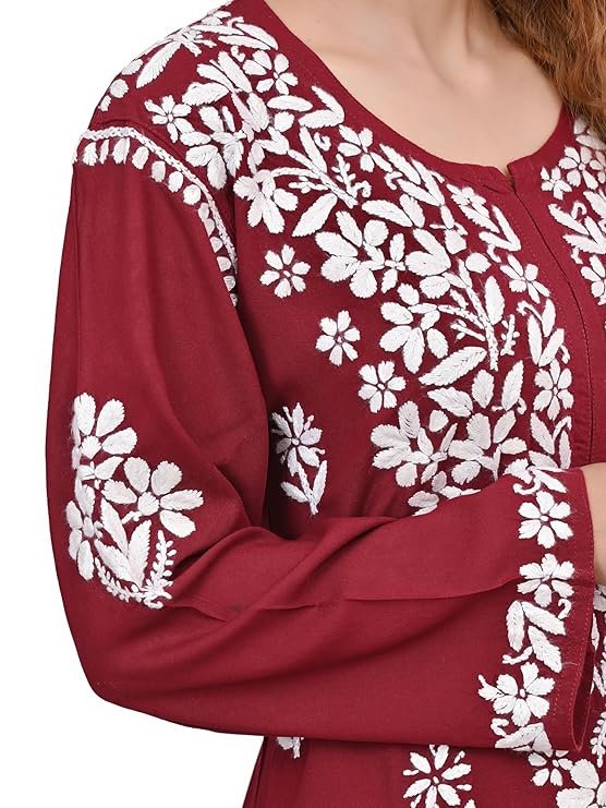 MS CHIKAN ARTS Women’s Rayon Full Sleeve Lucknowi Chikankari Hand Work Round Neck Kurti | SV25090148 - Image 4