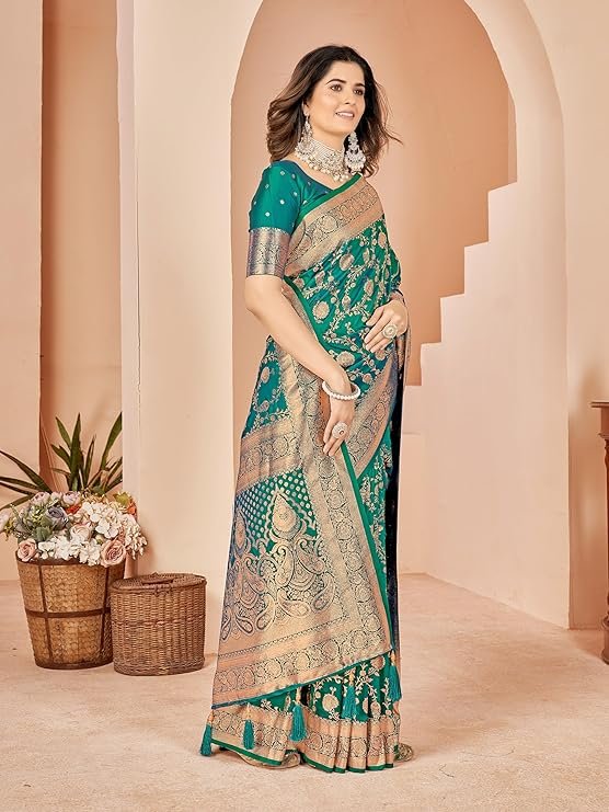 Mehrang Cotton Banarasi Silk Saree for Women With Unstitched Blouse Piece | SV25090142 - Image 3