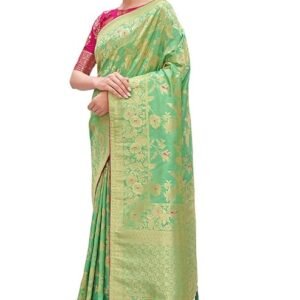 Monjolika Fashion | Women’s Banarasi Silk Blend Woven Zari Saree with Tassels & Jacquard Woven Blouse Piece | SV25090112