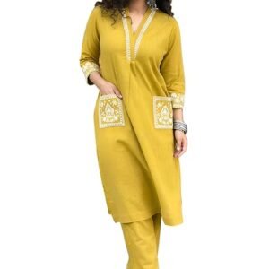 Fox Cover Embroidered Pockets & Sleeves Cotton Kurta Set for Women's | SV25083102