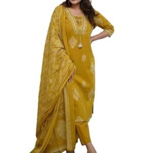 PARTHVI | Women’s Pure Cotton Printed with Handwork Kurta with Pants and Dupatta Set | SV25083109