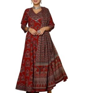 GEKHA|Women's Red Cotton Printed Flared Kurta with Cotton Pant and Cotton Printed Dupatta Sets | SV25083104