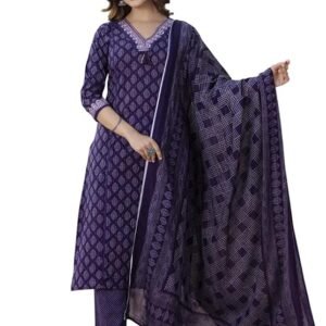 Women’s Pure Cotton Printed with Handwork Kurta with Pants and Dupatta Set | Ethnic Set | Suit Set | Kurta Set | SV25083108