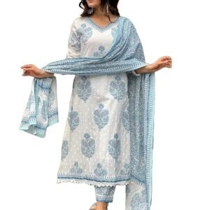 Nermosa | Women’s Cotton Block Printed Kurta with Pant & Dupatta | Ethnic Wear Suit Set | SV25083103