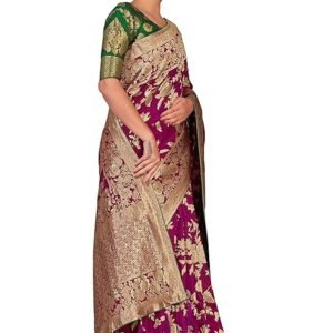 Monjolika Fashion | Women’s Banarasi Silk Blend Woven Zari Saree with Tassels & Jacquard Woven Blouse Piece | Festive & Wedding Wear | SV25090119