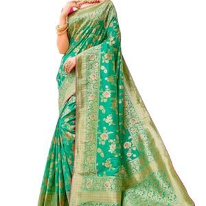Monjolika Fashion | Women’s Banarasi Silk Blend Woven Zari Saree with Tassels & Jacquard Woven Blouse Piece | SV25090116