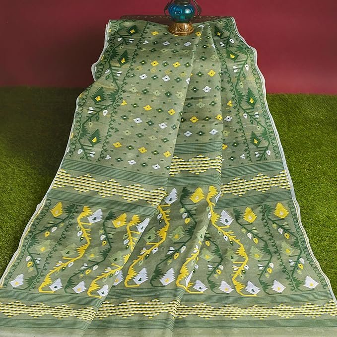 Mayabi Women's Dhakai Jamdani Cotton Silk Saree | Traditional Bengali Tant Korat Work | Without Blouse Piece | SV25090109 - Image 5